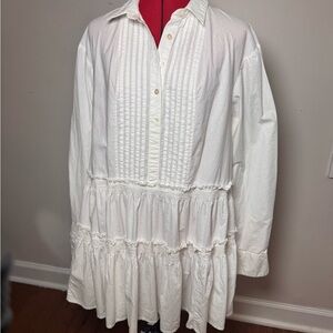 Free People White Pintuck Smocked Ruffle cotton Shirt Dress – Size Medium